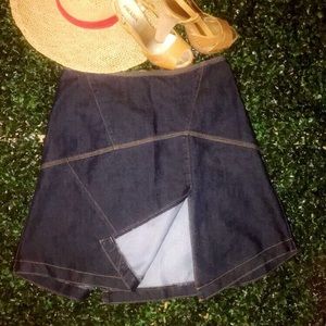 Denim full circle skirt with front/back split.